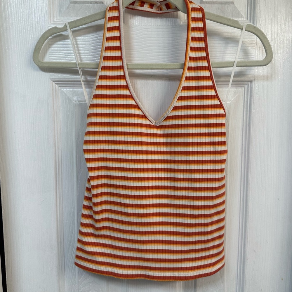 American Eagle Outfitters Orange and White Fitted Crop Tank Top